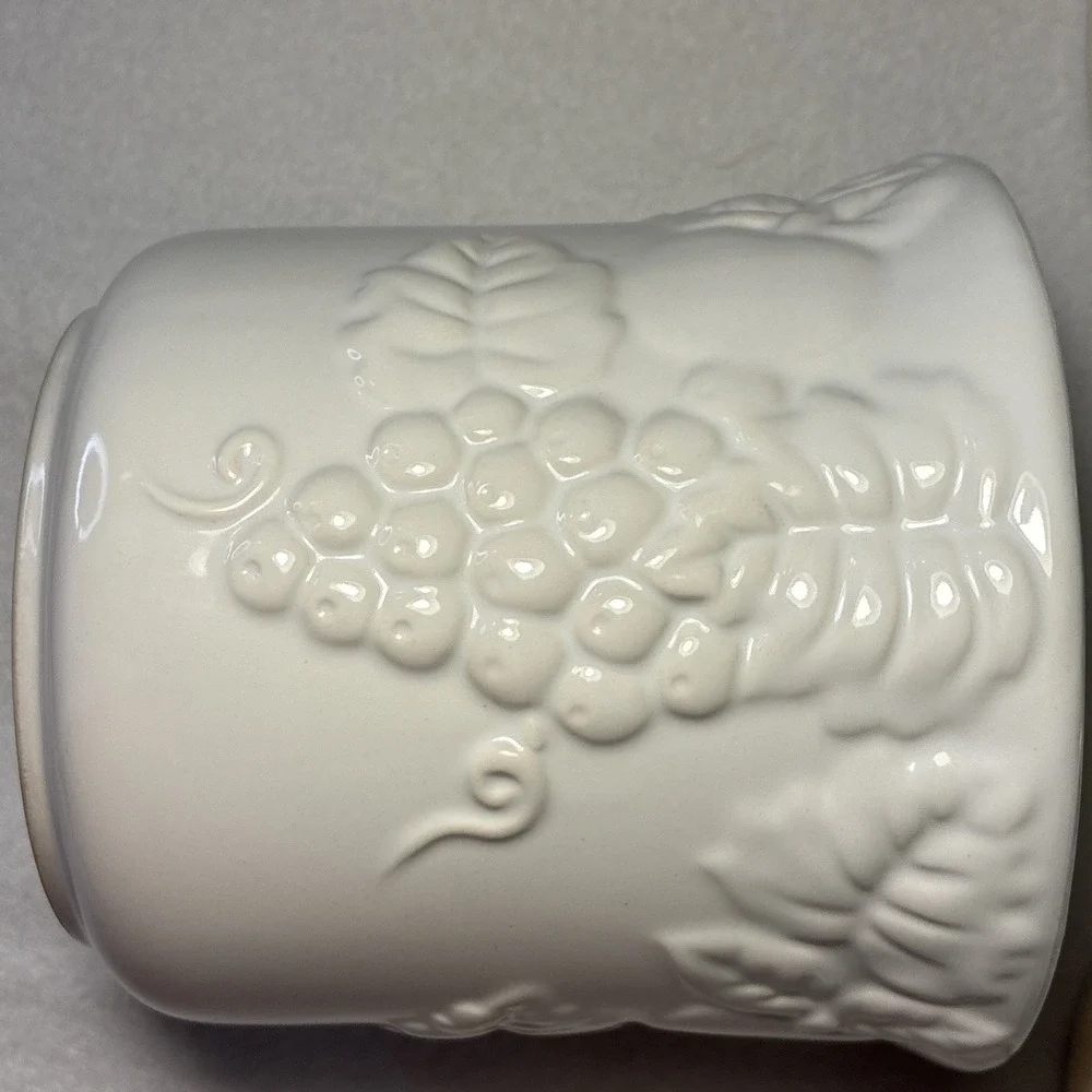 Set of  4 Vintage White Lidded Ceramic Canisters,  Grapevine and Strawberry Lid.